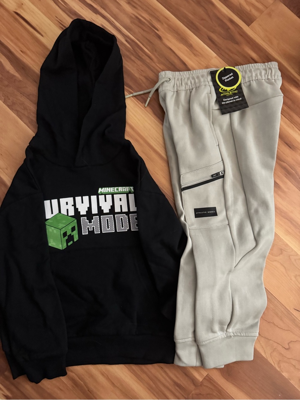 Minecraft "Survival Mode" Black Hoodie, light grey joggers and 20 pairs of socks